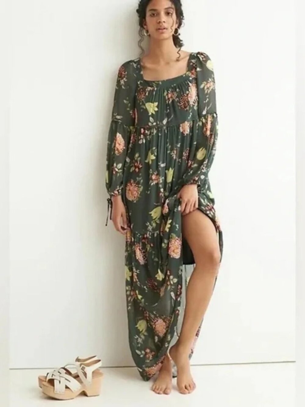 by Anthropologie Size XXS Evelin Blue Green Tiered Floral Peasant Boho Dress